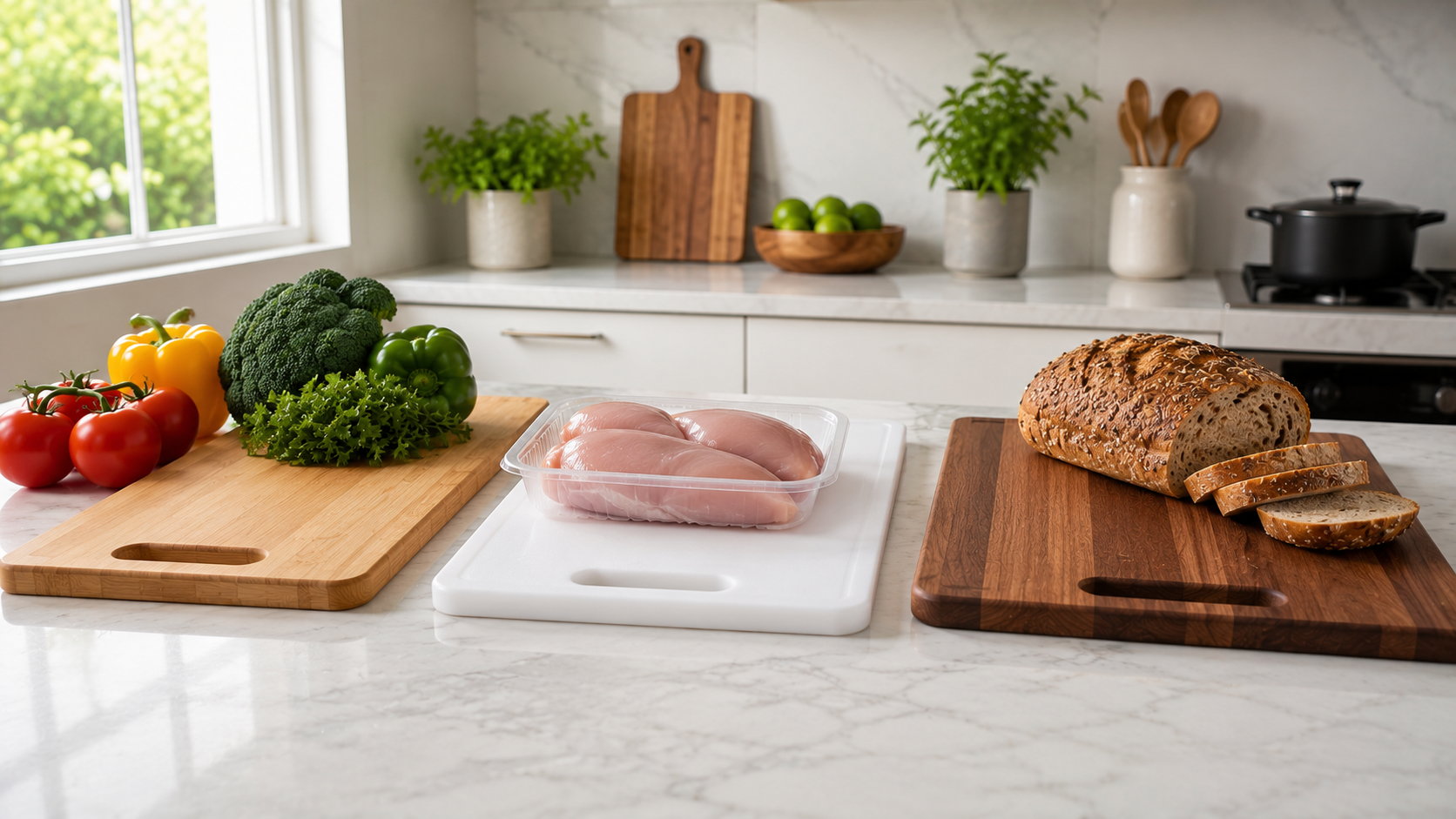 Separate Cutting Boards for Safe Food Preparation Separate cutting boards for vegetables, raw chicken, and bread arranged on a modern kitchen countertop for safe food preparation.