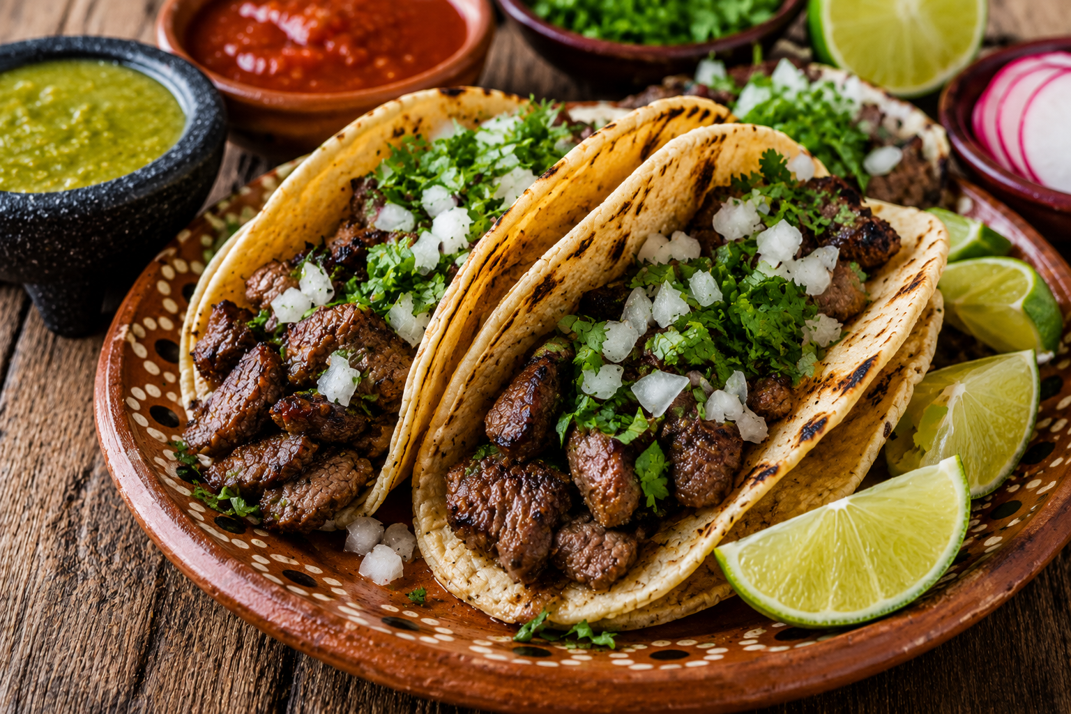Authentic Mexican street tacos with grilled beef, onions, cilantro, and lime Authentic Mexican street tacos with grilled beef, onions, cilantro, and lime