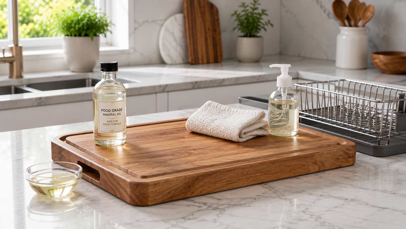 How to Maintain a Wooden Cutting Board Wooden cutting board with food-grade mineral oil, dish soap, and a cotton cloth for proper maintenance and care.