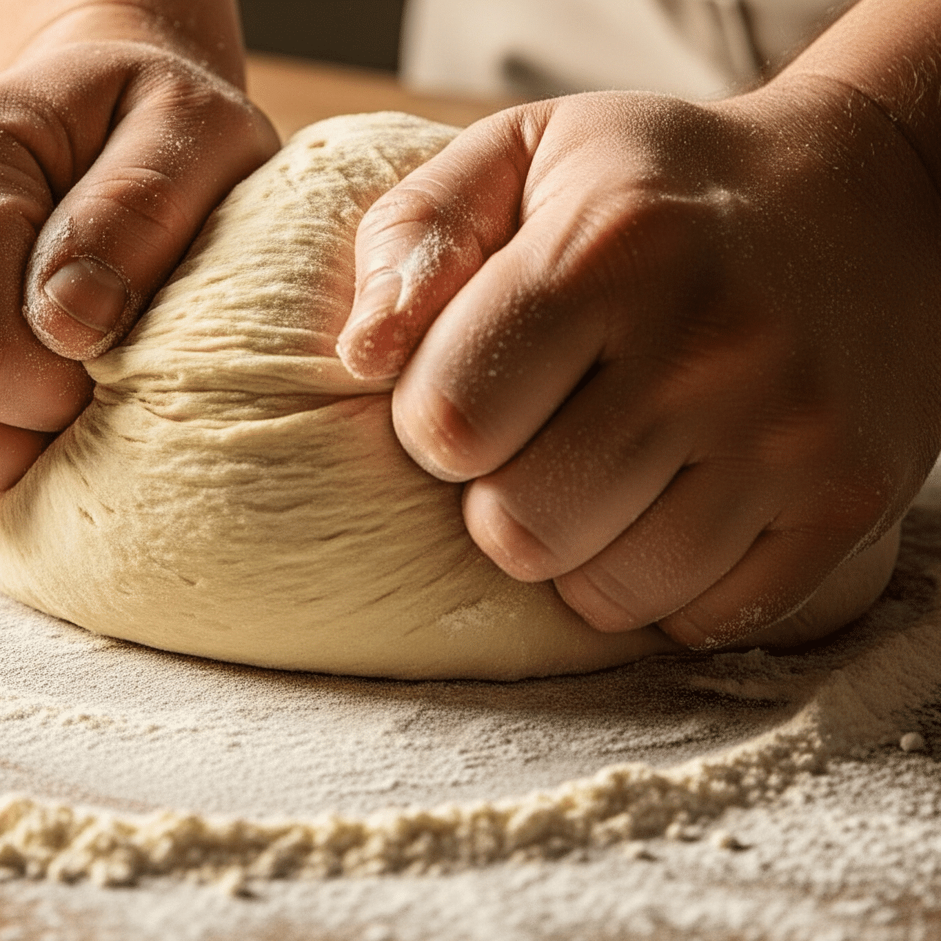 punching down dough and kneading it on a lightly floured surface