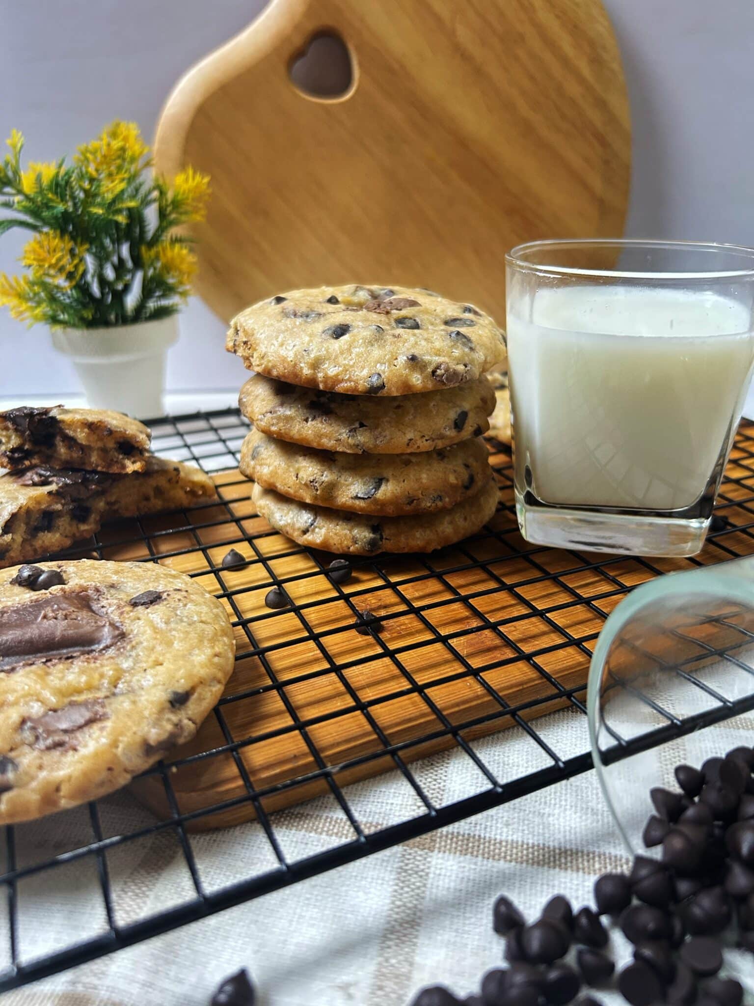 Freshly baked chocolate chip cookies on a tray with golden edges and soft centers